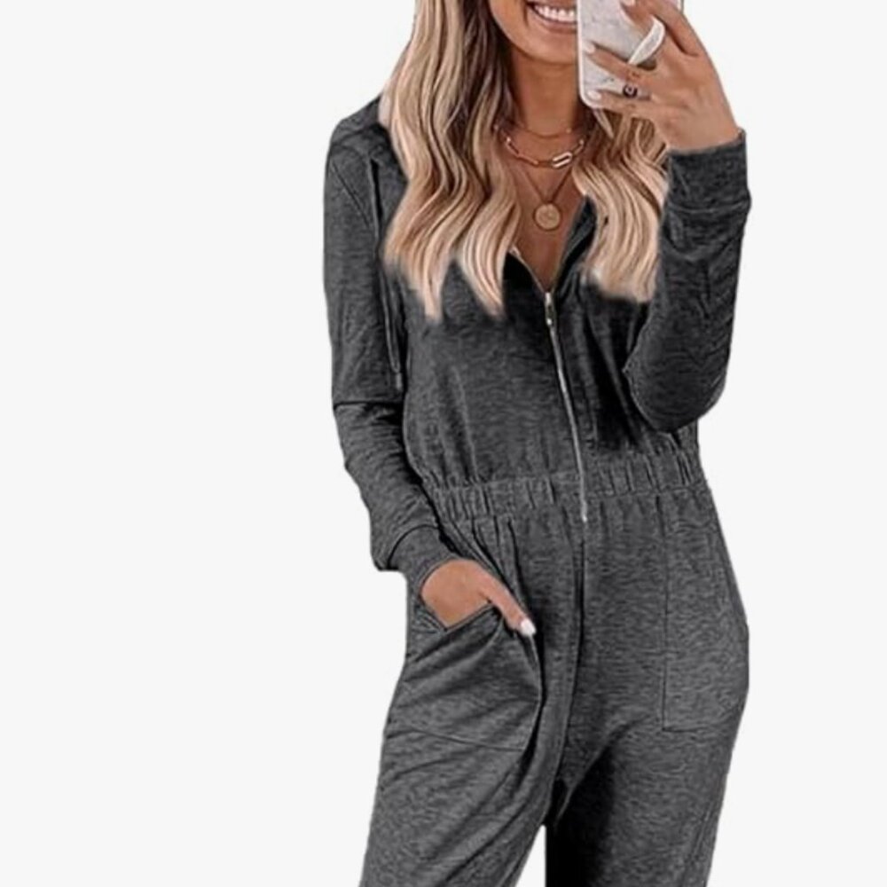 Gray Long-Sleeve Hooded Zip-Up Jumpsuit with Cinched Ankles | Size XL
